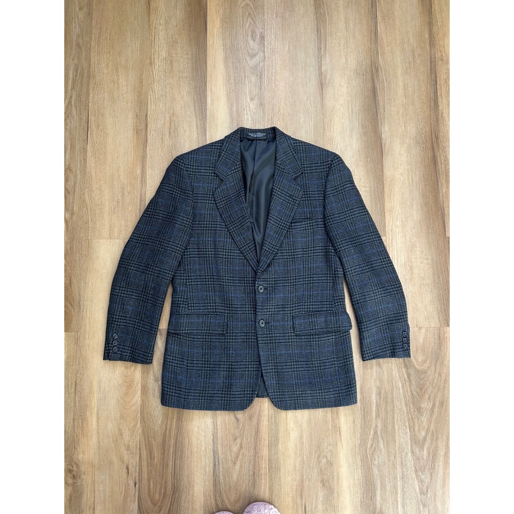 Vintage 100% Lambswool Plaid Blazer Grey Blue Sport Coat Mens L business formal